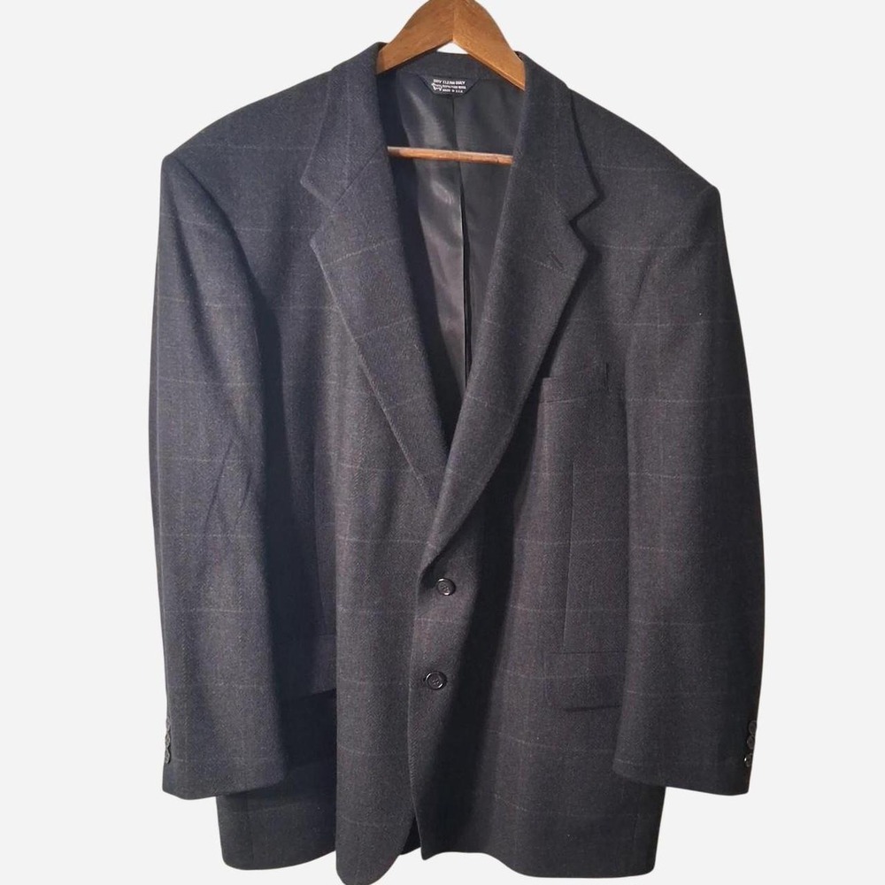 Mens Vintage 80s 90s 100% Pure Wool Dark Navy Gray Plaid Blazer